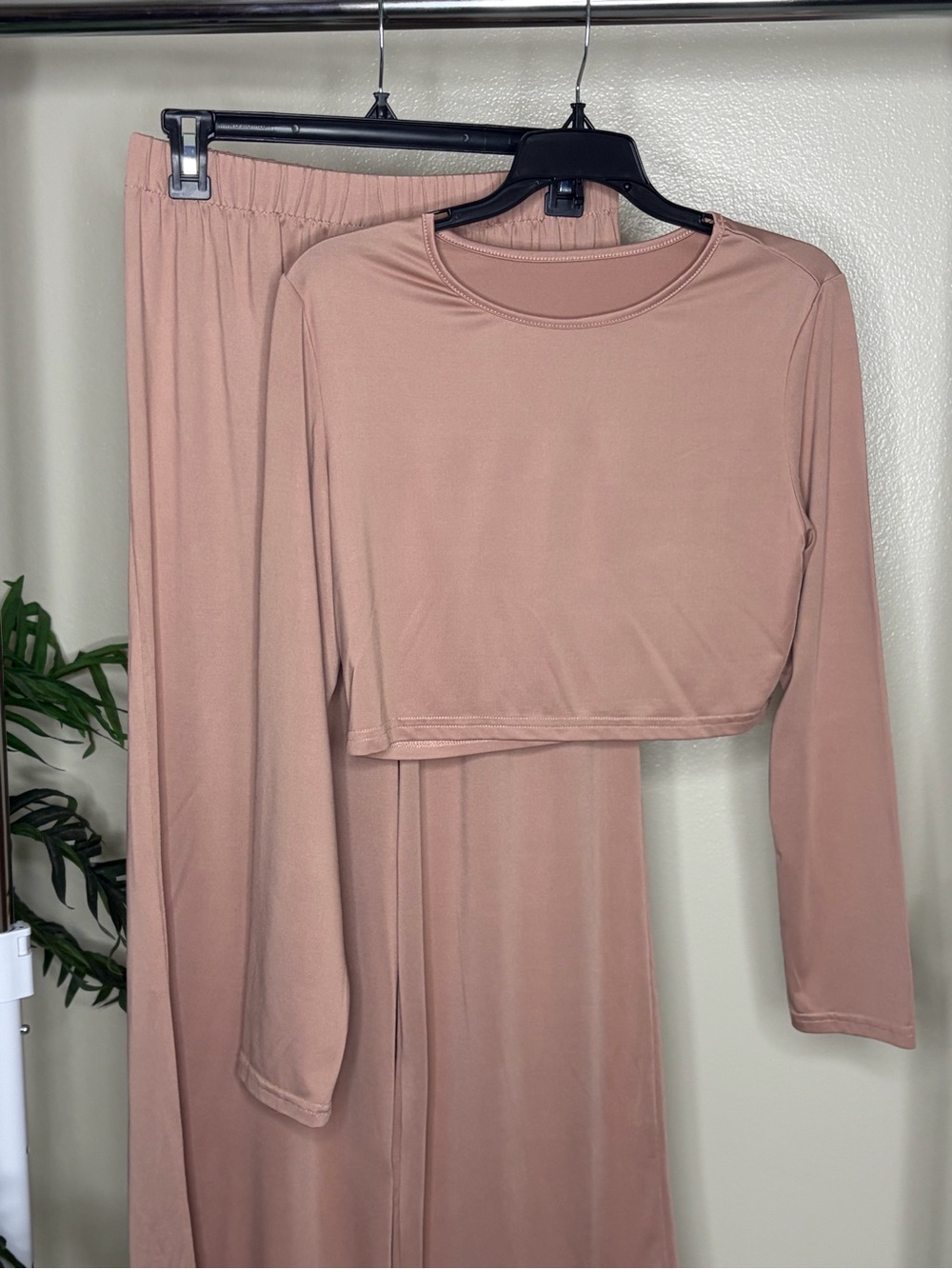 Beige Lounge Set Matching Long Sleeve Crop Top Wide Leg Pants Cozy - Picture 2 of 6